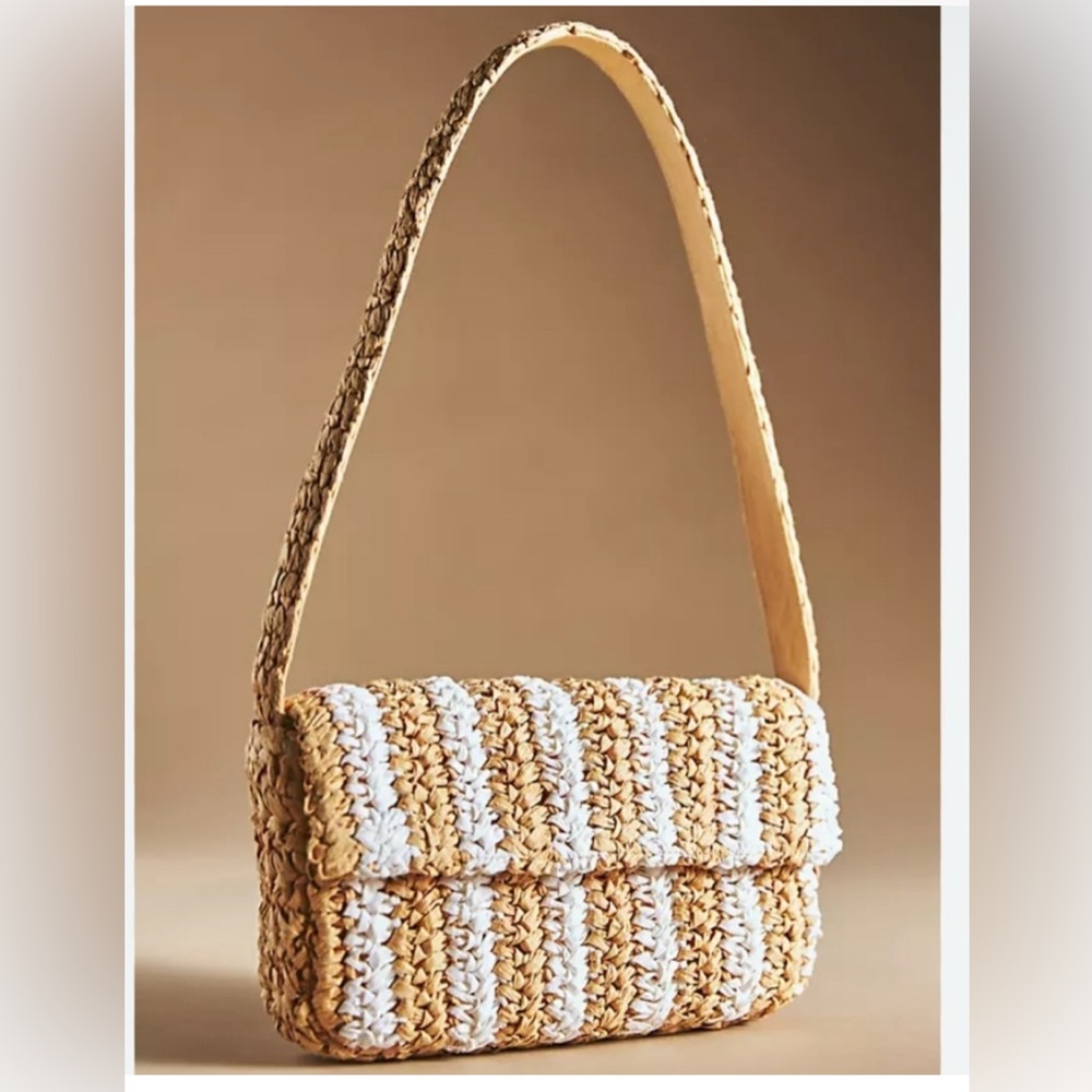 Anthropologie STRIPED RAFFIA SHOULDER BAG IN BEIGE
